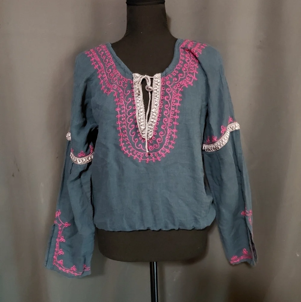 Free People Blue & Pink Boho Embroidered Ribbon Top Size XS